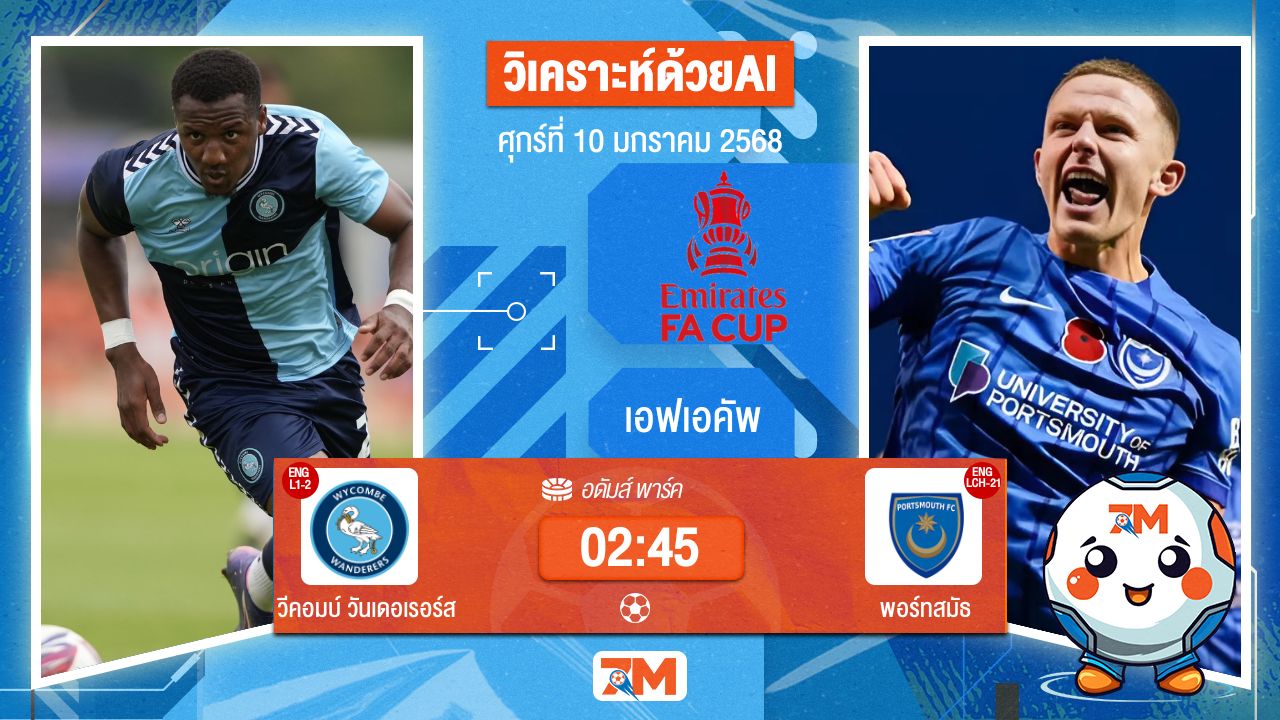 AI น้อง ball7m วิเคราะห์ฟุตบอลเอฟเอคัพ ระหว่าง วีคอมบ์ วันเดอเรอร์ส พบ พอร์ทสมัธ