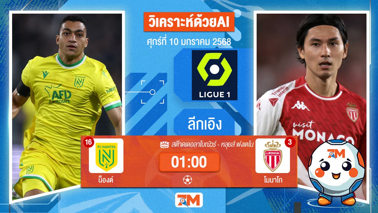 AI น้อง ball7m วิเคราะห์ฟุตบอลลีกเอิง ฝรั่งเศส ระหว่าง น็องต์ พบ โมนาโก