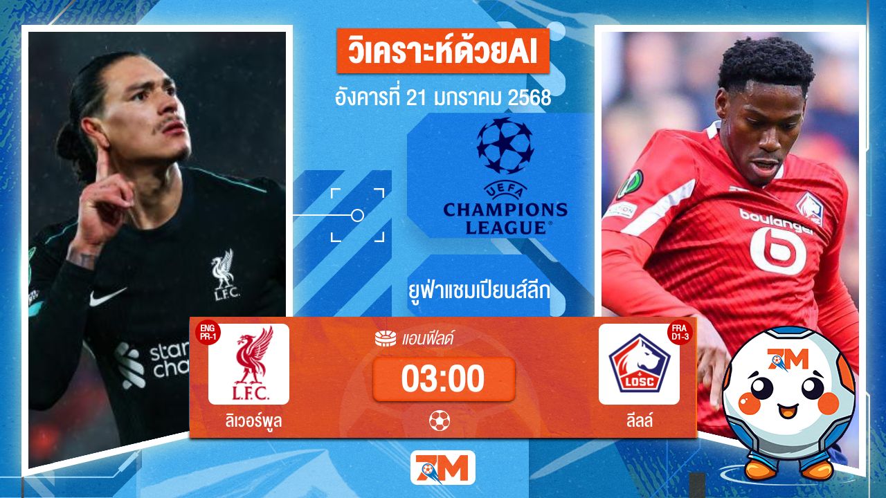 AI น้อง ball7m วิเคราะห์ฟุตบอลยูฟ่าแชมเปียนส์ลีก ระหว่าง ลิเวอร์พูล พบ ลีลล์