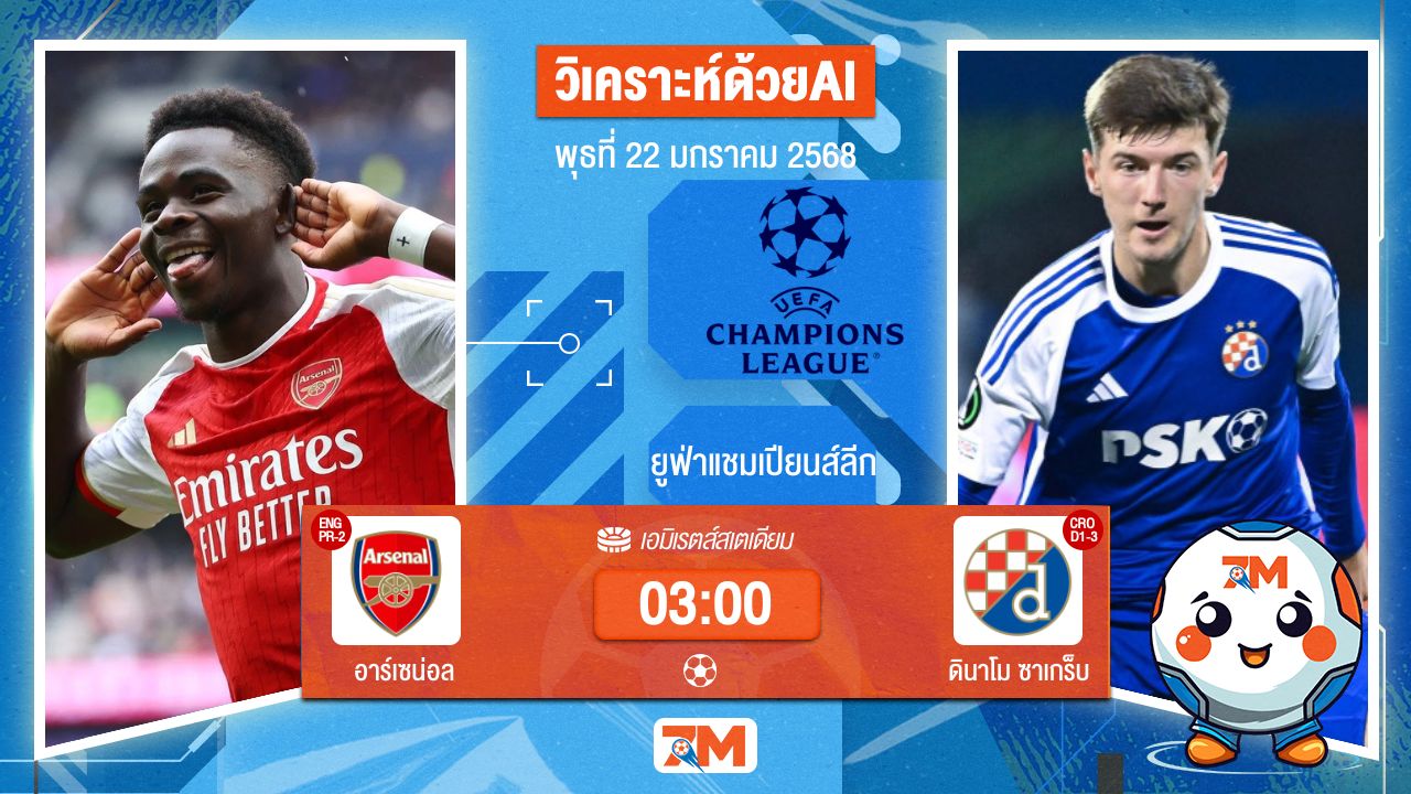 AI น้อง ball7m วิเคราะห์ฟุตบอลยูฟ่าแชมเปียนส์ลีก ระหว่าง อาร์เซน่อล พบ ดินาโมซาเกร็บ