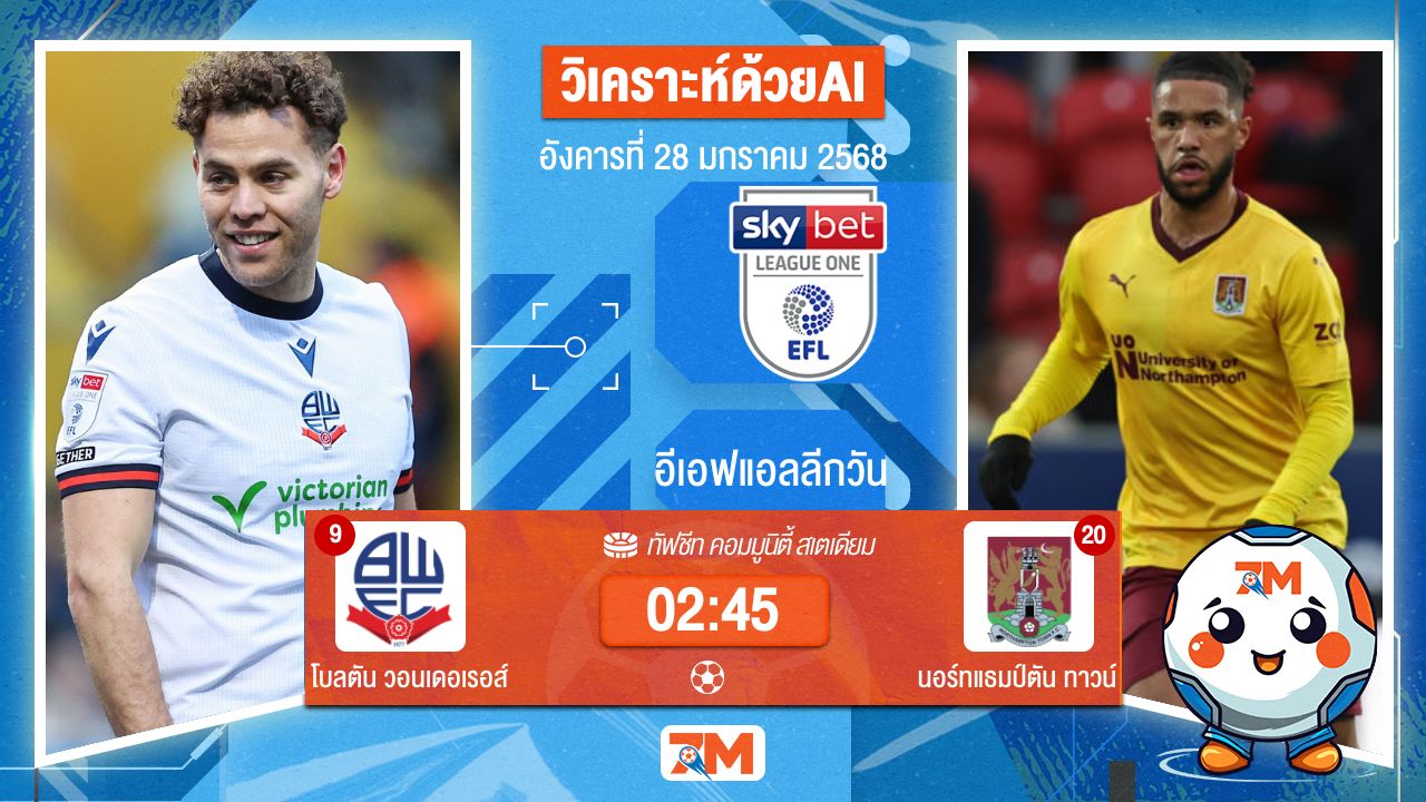 AI น้อง ball7m วิเคราะห์ฟุตบอลลีกวัน อังกฤษ ระหว่าง โบลตัน วอนเดอเรอส์ พบ นอร์ทแธมป์ตันทาวน์