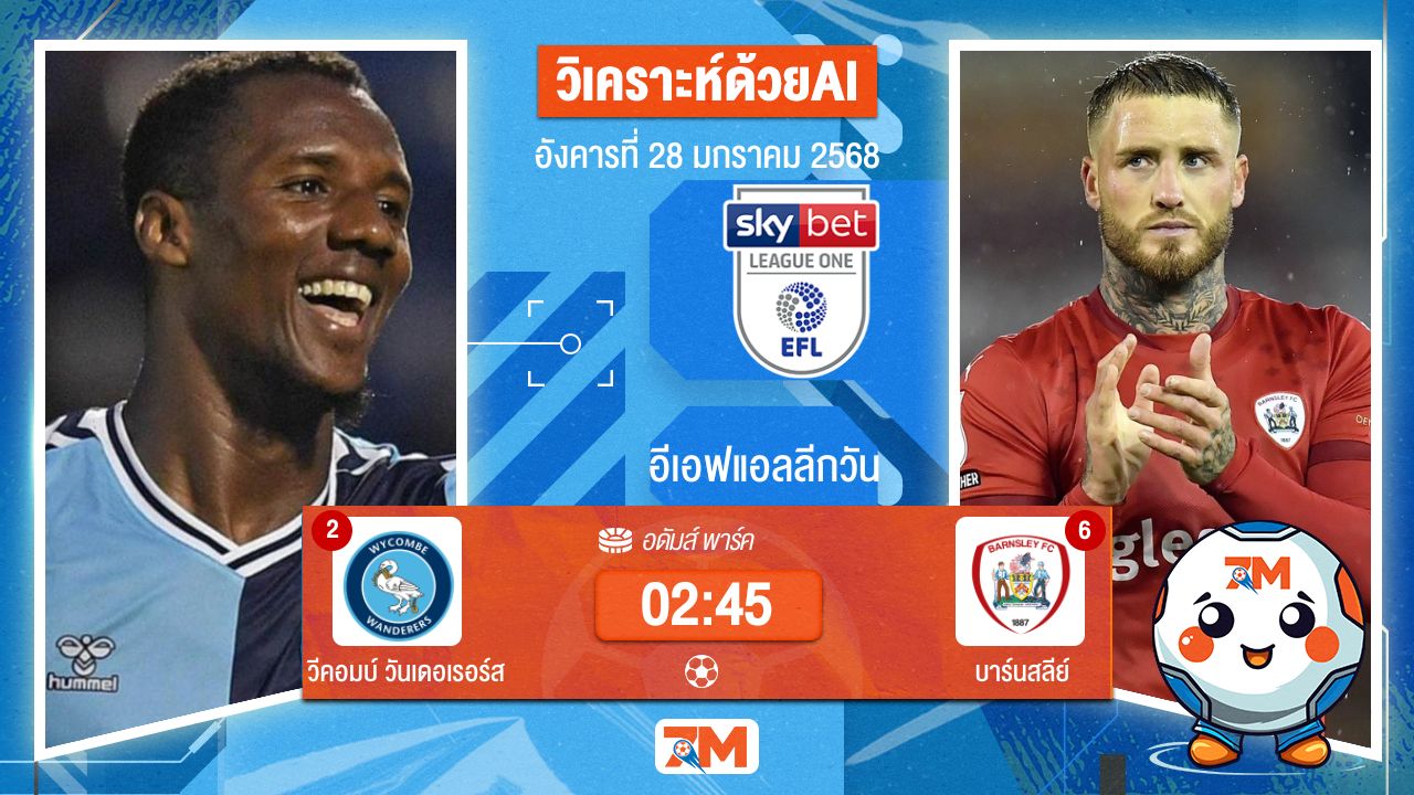AI น้อง ball7m วิเคราะห์ฟุตบอลลีกวัน อังกฤษ ระหว่าง วีคอมบ์ วันเดอเรอร์ส พบ บาร์นสลีย์