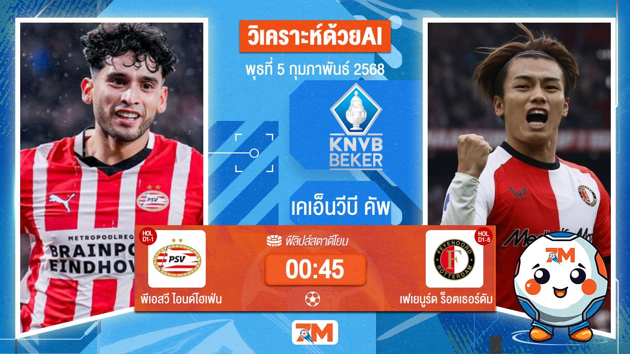 AI น้อง ball7m วิเคราะห์ฟุตบอลดัตช์คัพ ระหว่าง พีเอสวี ไอนด์โฮเฟ่น พบ เฟเยนูร์ดร็อตเธอร์ดัม