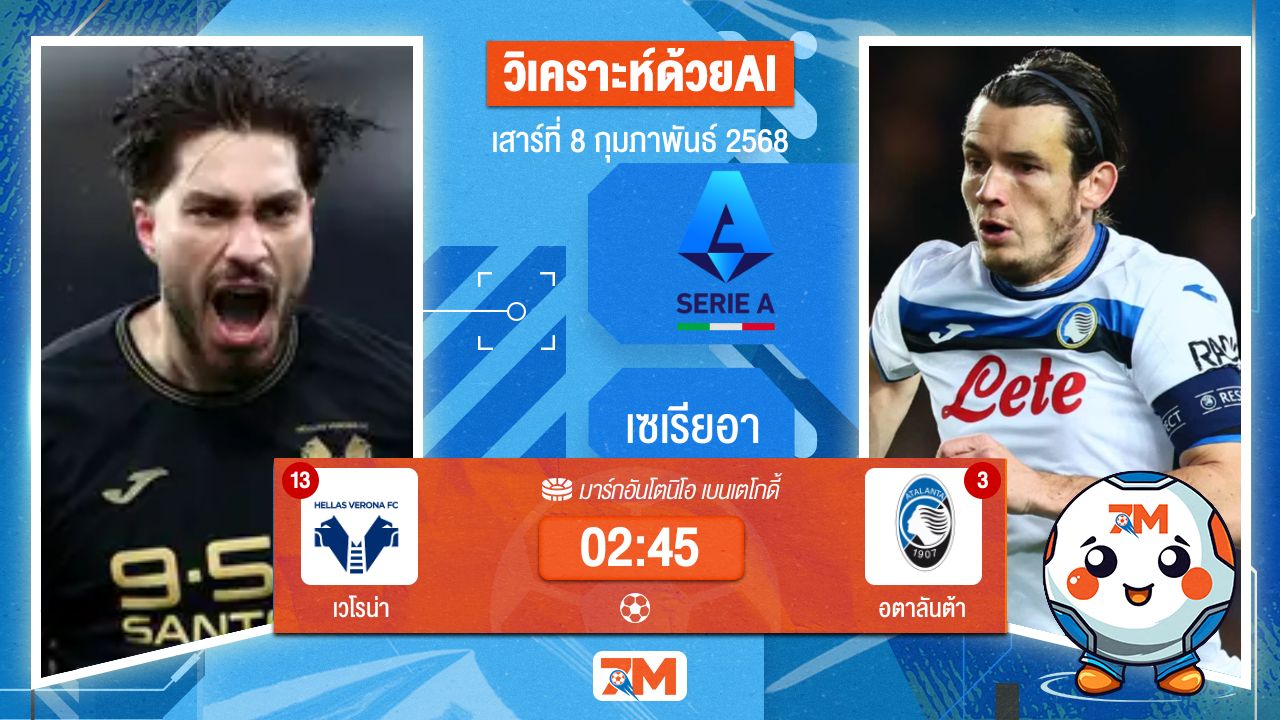 AI น้อง ball7m วิเคราะห์ฟุตบอลเซเรียอา ระหว่าง เวโรน่า พบ อตาลันต้า