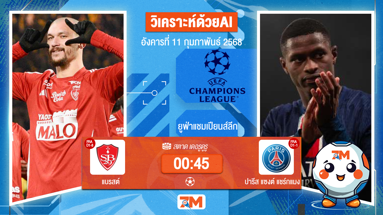 AI น้อง ball7m วิเคราะห์ฟุตบอลยูฟ่าแชมเปียนส์ลีก ระหว่าง แบรสต์ พบ ปารีสแซงต์แชร์กแมง
