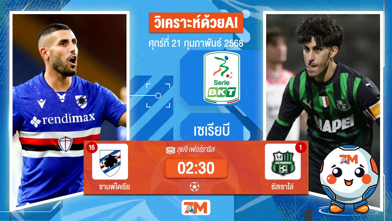 AI น้อง ball7m วิเคราะห์ฟุตบอลเซเรียบี ระหว่าง ซามพ์โดเรีย พบ ซัสเซาโล่
