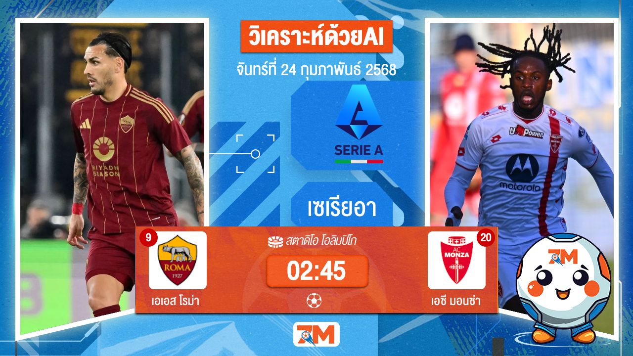AI น้อง ball7m วิเคราะห์ฟุตบอลเซเรียอา ระหว่าง เอเอส โรม่า พบ มอนซ่า1912