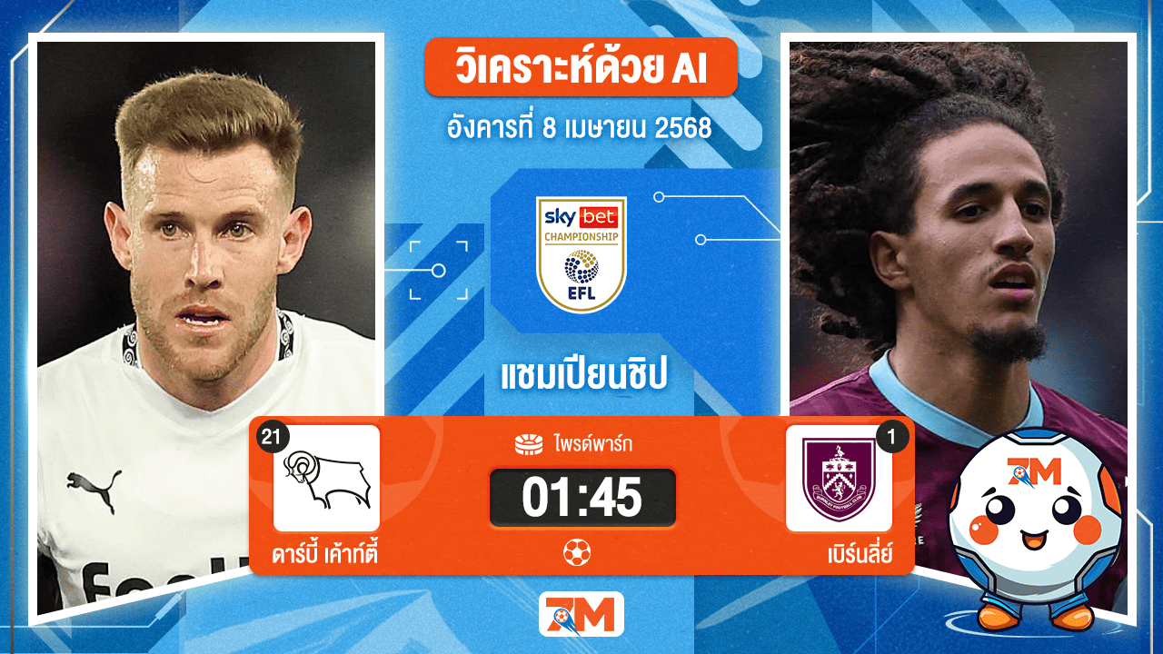 วิเคราะห์ฟุตบอล อีเอฟแอลแชมเปียนชิป ระหว่าง ดาร์บี้ เค้าท์ตี้ พบ เบิร์นลี่ย์