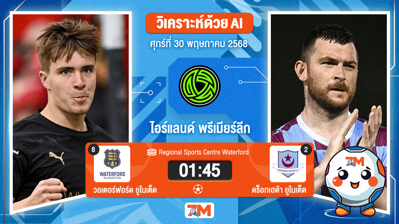 วิเคราะห์ฟุตบอล ไอร์แลนด์ พรีเมียร์ ลิก ระหว่าง วอเตอร์ฟอร์ด ยูไนเต็ด พบ ดร็อกเฮด้า ยูไนเต็ด