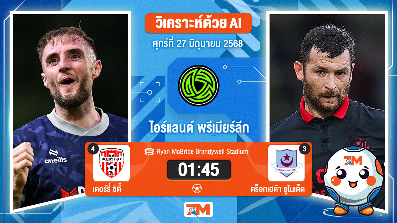 วิเคราะห์ฟุตบอล ไอร์แลนด์ พรีเมียร์ ลิก ระหว่าง เดอร์รี่ ซิตี้ พบ ดร็อกเฮด้า ยูไนเต็ด