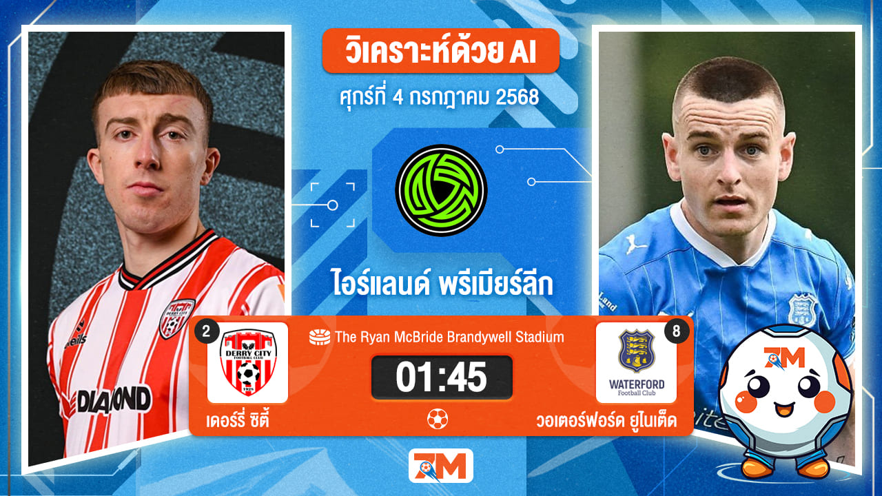วิเคราะห์ฟุตบอล ไอร์แลนด์ พรีเมียร์ ลิก ระหว่าง เดอร์รี่ ซิตี้ พบ วอเตอร์ฟอร์ด ยูไนเต็ด