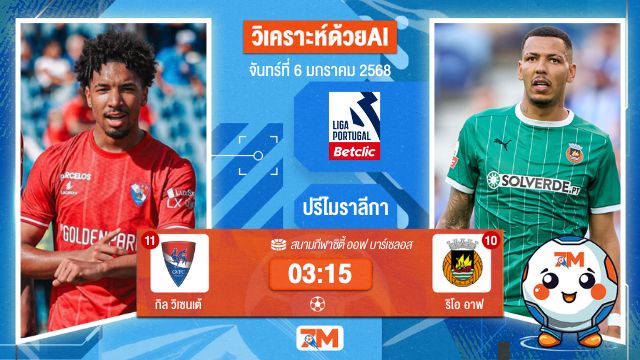 AI น้อง ball7m  วิเคราะห์ฟุตบอลปรีไมราลีกา ระหว่าง กิล วิเซนเต้ พบ ริโออาฟ