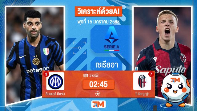 AI น้อง ball7m  วิเคราะห์ฟุตบอลเซเรียอา ระหว่าง อินเตอร์ มิลาน พบ โบโลญญ่า