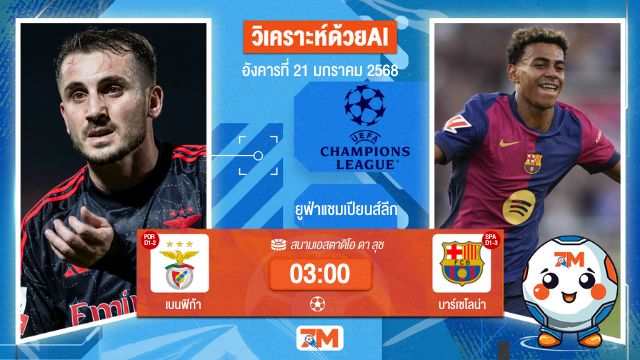 AI น้อง ball7m วิเคราะห์ฟุตบอลยูฟ่าแชมเปียนส์ลีก ระหว่าง เบนฟิก้า พบ บาร์เซโลน่า