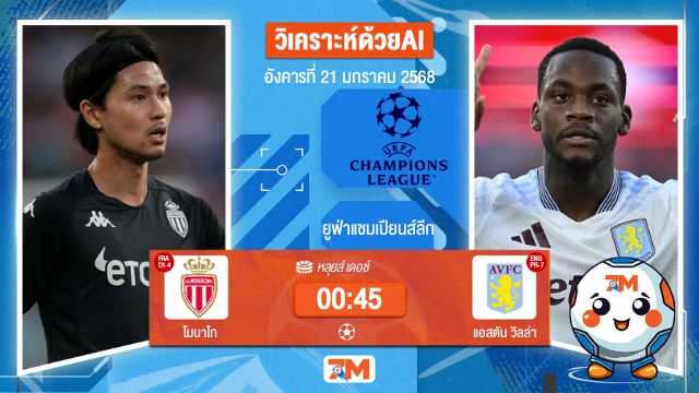AI น้อง ball7m วิเคราะห์ฟุตบอลยูฟ่าแชมเปียนส์ลีก ระหว่าง โมนาโก พบ แอสตันวิลล่า