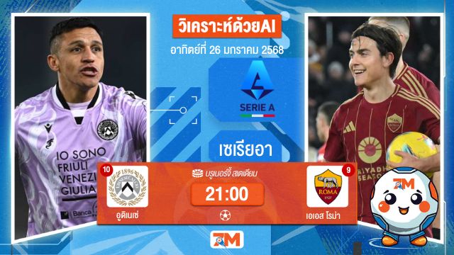 AI น้อง ball7m วิเคราะห์ฟุตบอลเซเรียอา ระหว่าง อูดิเนเซ่ พบ เอเอสโรม่า