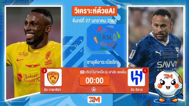 AI น้อง ball7m วิเคราะห์ฟุตบอลลีกซาอุดิอาระเบีย ระหว่าง อัล กาดาซิย่า พบ อัลฮิลาล
