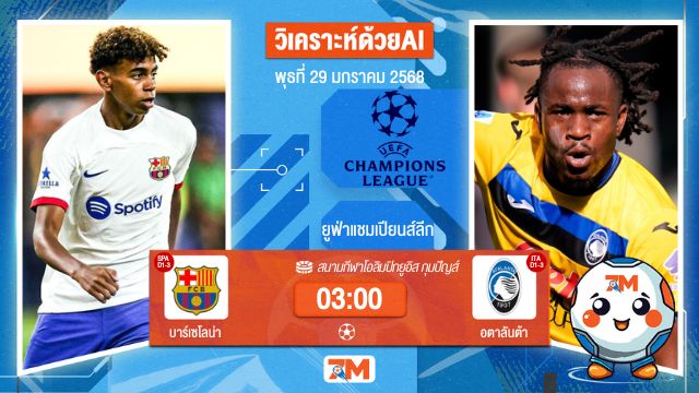 AI น้อง ball7m วิเคราะห์ฟุตบอลยูฟ่าแชมเปียนส์ลีก ระหว่าง บาร์เซโลน่า พบ อตาลันต้า