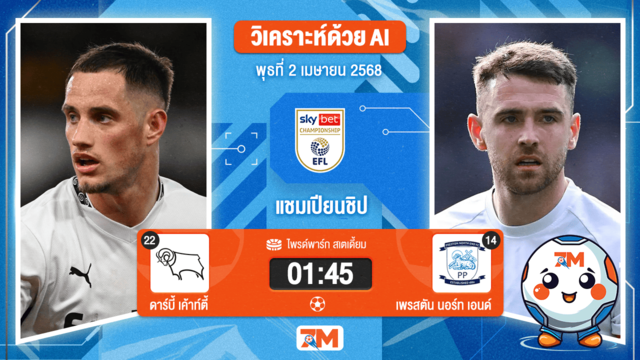 วิเคราะห์ฟุตบอล อีเอฟแอลแชมเปียนชิป ระหว่าง ดาร์บี้ เค้าท์ตี้ พบ เพรสตัน นอร์ท เอนด์