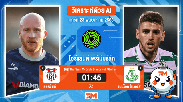วิเคราะห์ฟุตบอล ไอร์แลนด์ พรีเมียร์ ลิก ระหว่าง เดอร์รี่ ซิตี้ พบ แชมร็อค โรเวอร์ส