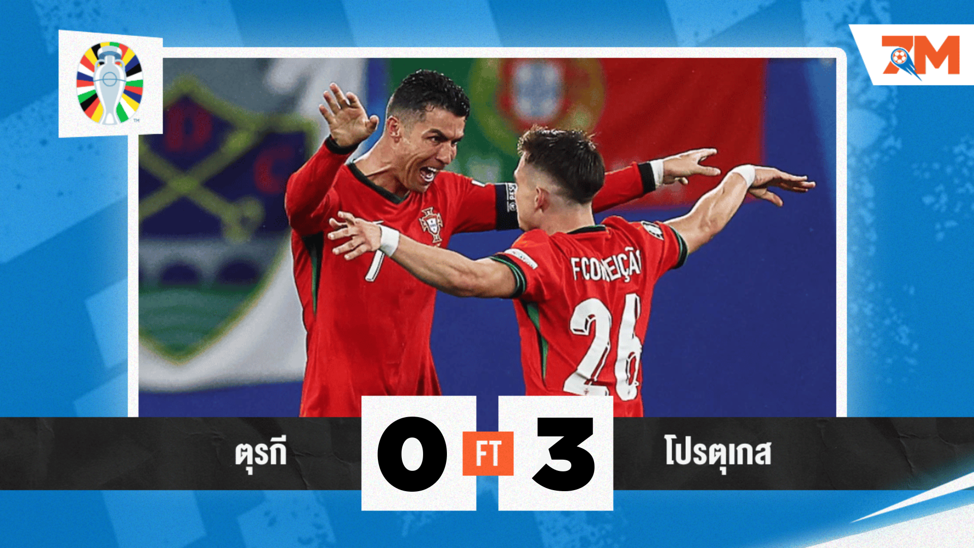 ผลบอล :   โปรตุเกส ยิงไม่ยั้ง ตรุกี 3-0 ซิวแชมป์กลุ่ม F เข้ารอบ 16 ทีมยูโร 2024