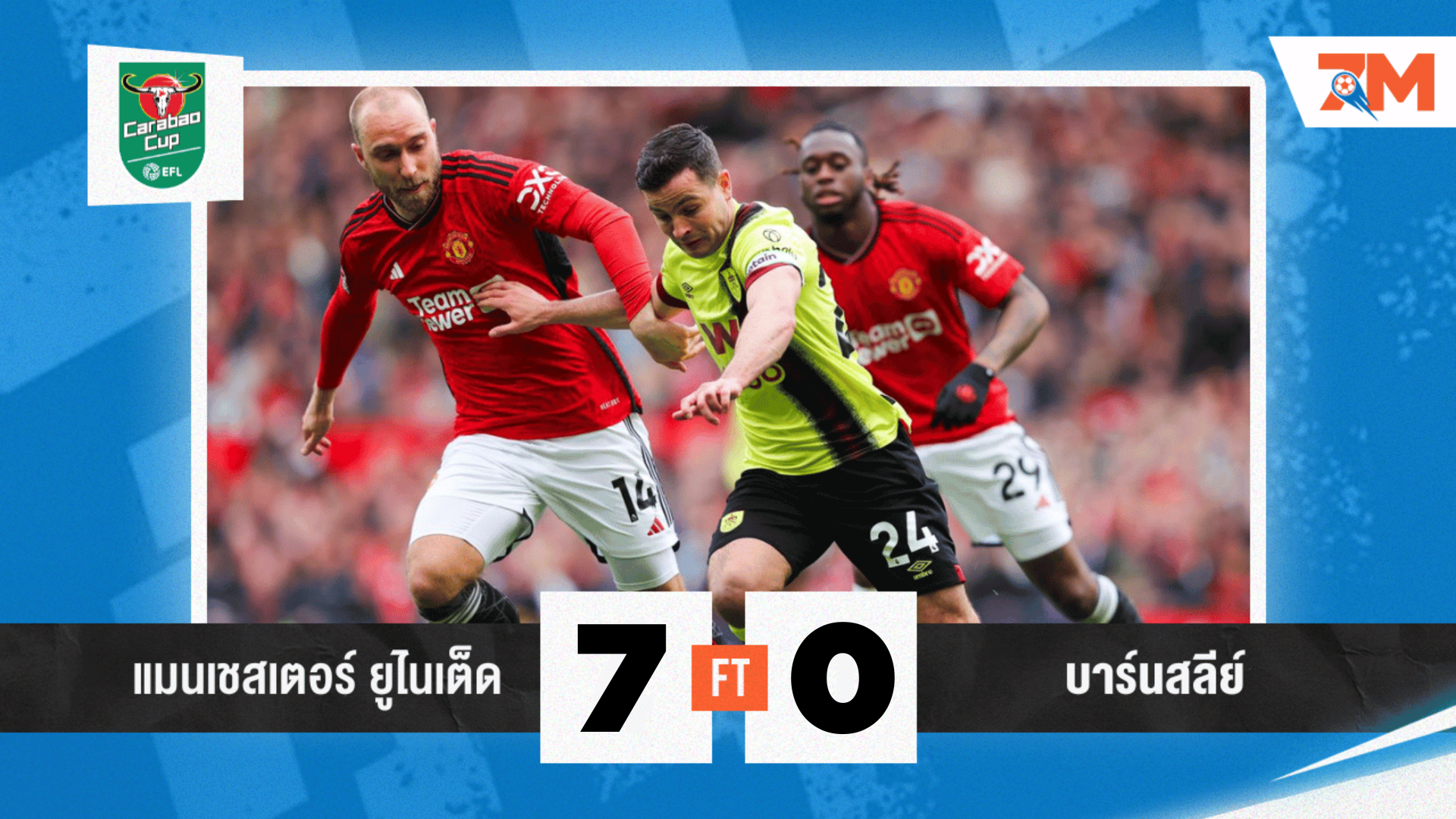 ผลบอลวันนี้ แมนยู ยิงยับ 7-0 บาร์นสลี่ย์ ลิ่วคาราบาวคัพ