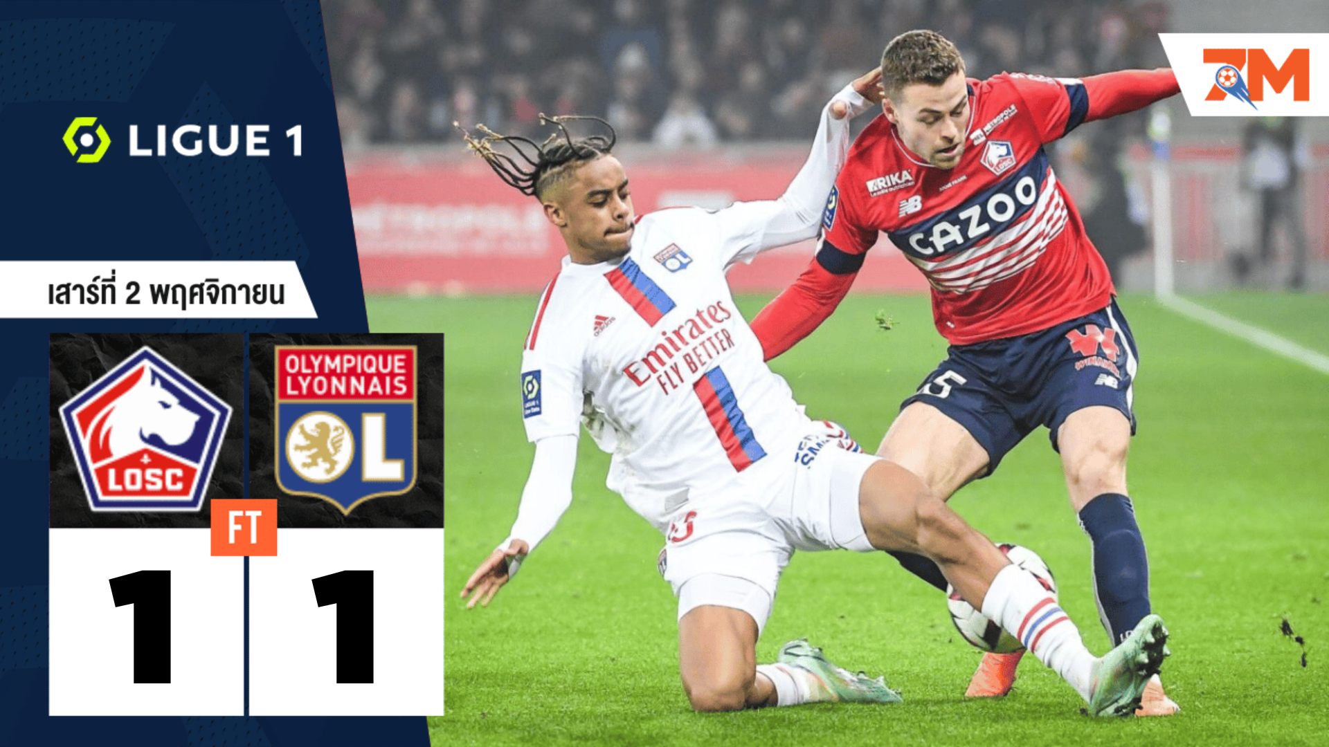 ผลบอลวันนี้ โอลิมปิก ลียง ตามตีเสมอ ลีลล์ ท้ายเกม 1-1