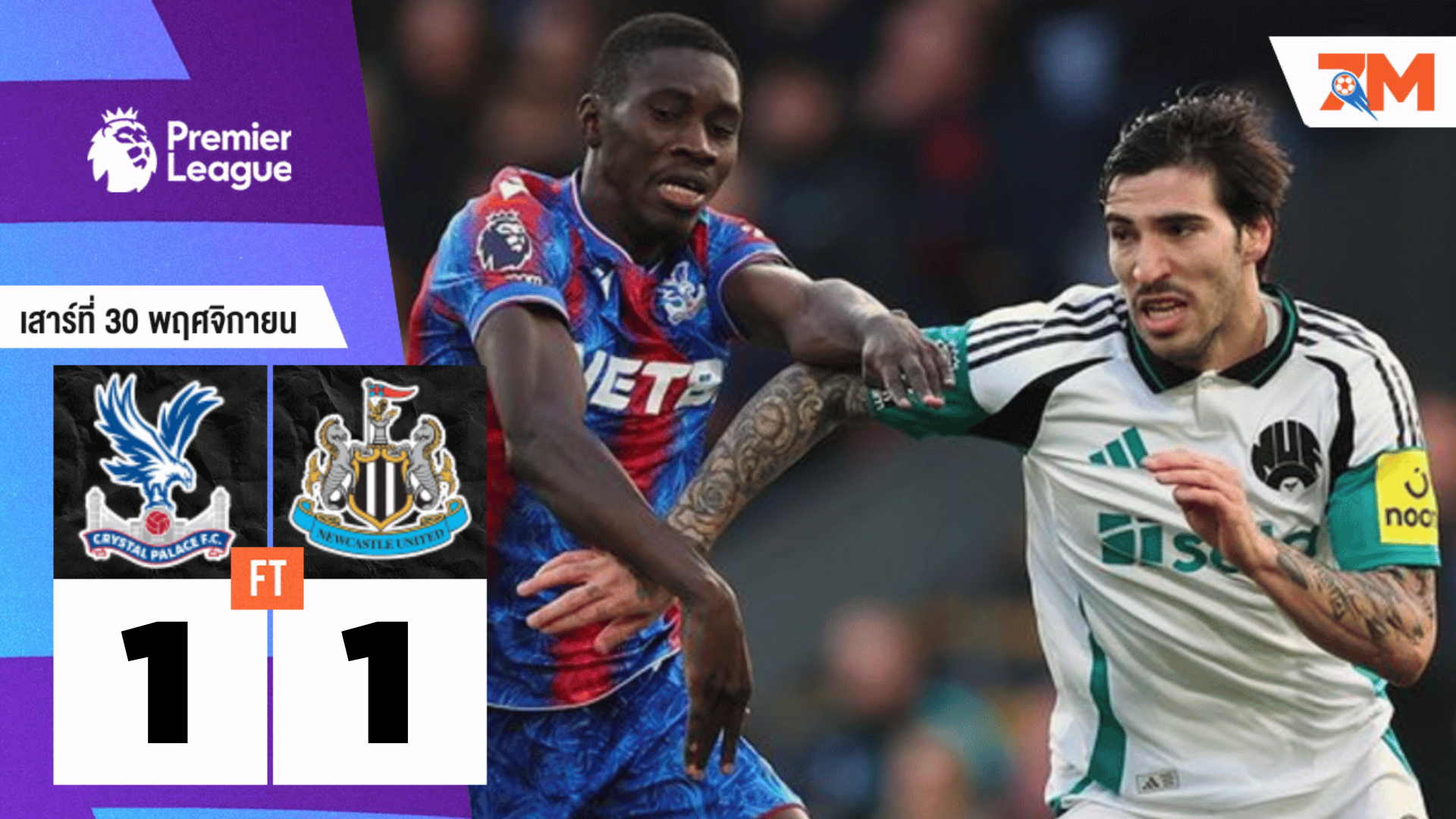ผลบอลวันนี้ คริสตัล พาเลซ ตีเสมอ นิวคาสเซิ่ล ยูไนเต็ด 1-1