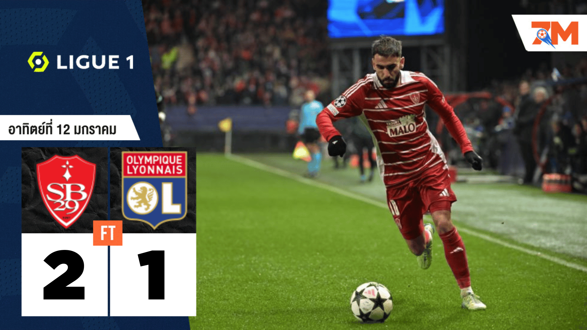 ผลบอลวันนี้ แบรสต์ เอาชนะ โอลิมปิก ลียง จบสกอร์ไป 2-1