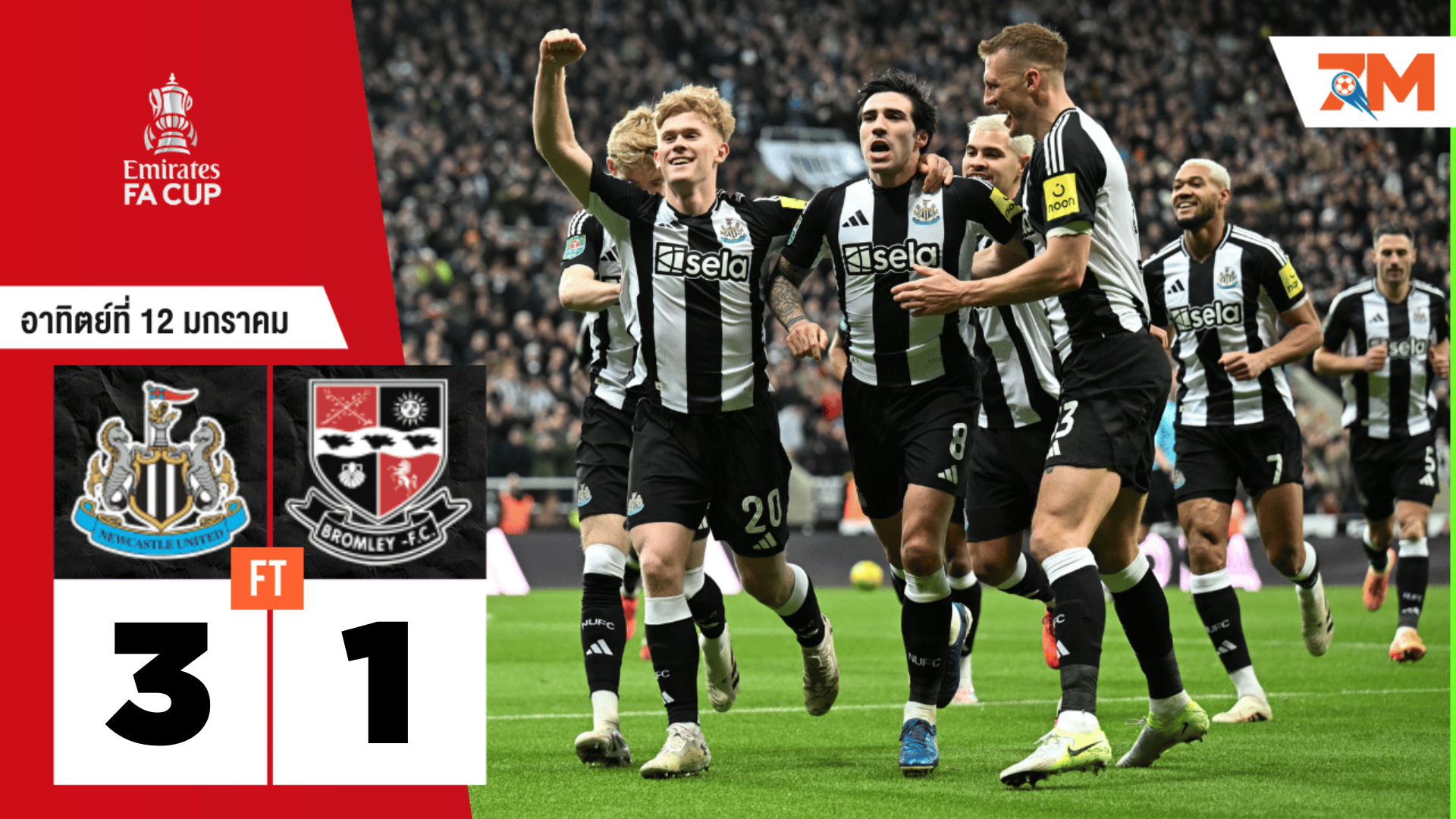 ผลบอลวันนี้ นิวคาสเซิ่ล ยูไนเต็ด เอาชนะ บรอมลีย์ 3-1
