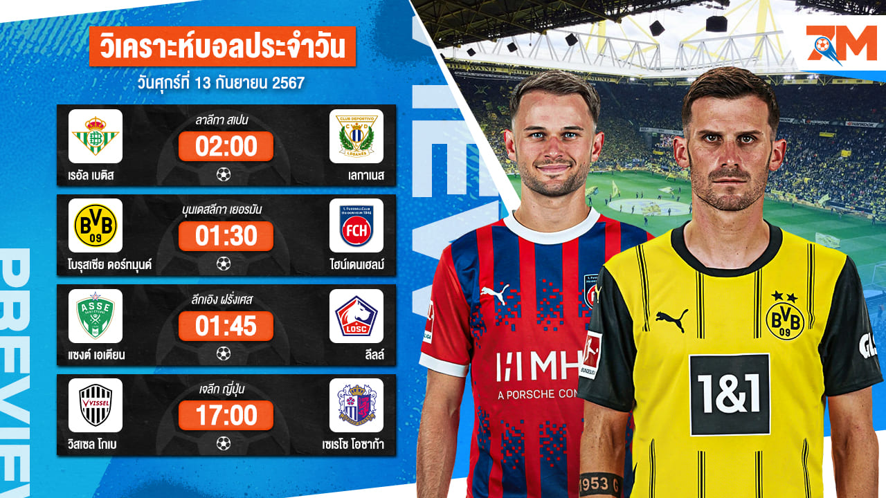 วิเคราะห์บอล เจาะลึกทุกคู่เด็ด วิเคราะห์บอลสดวันศุกร์ที่ 13 กันยายน 2567 | ball7m