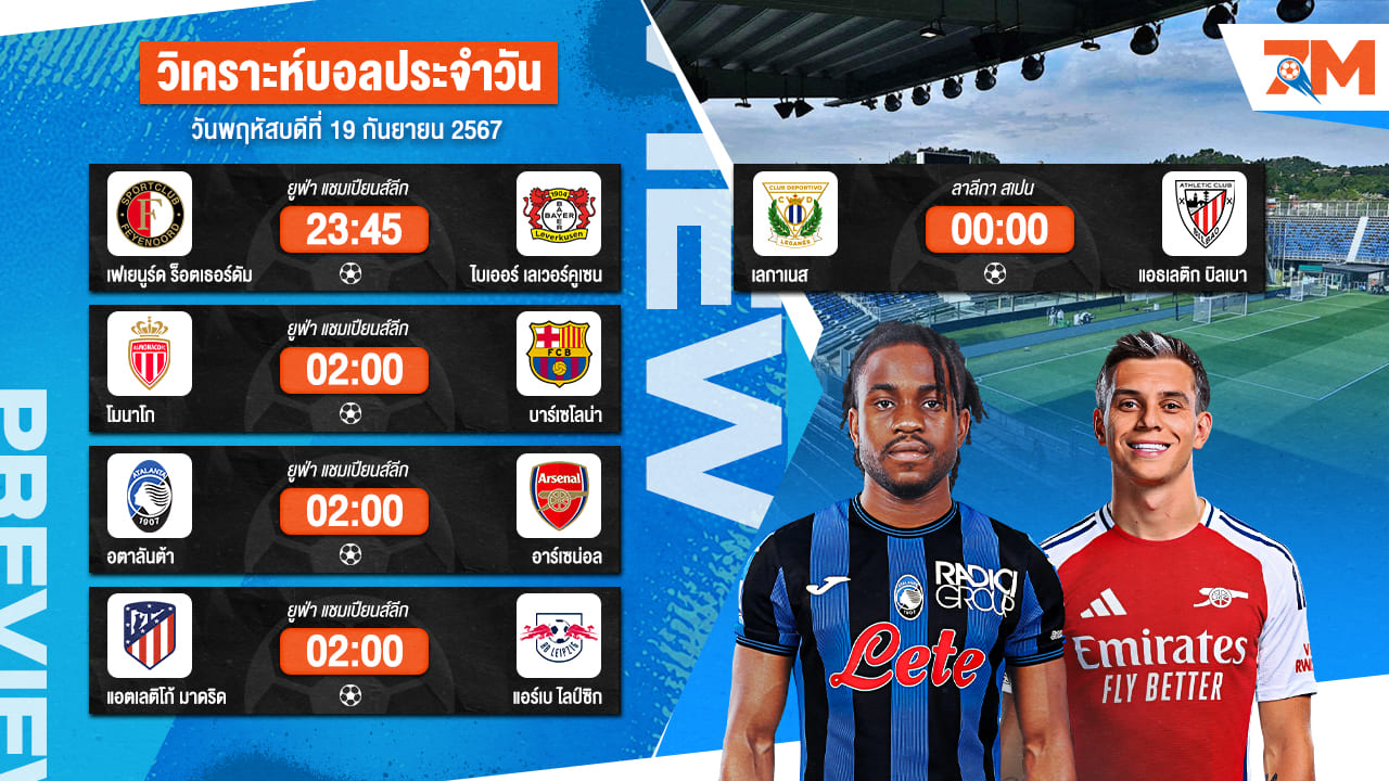 วิเคราะห์บอล เจาะลึกทุกคู่เด็ด วิเคราะห์บอลสดวันพฤหัสบดีที่ 19 กันยายน 2567 | ball7m