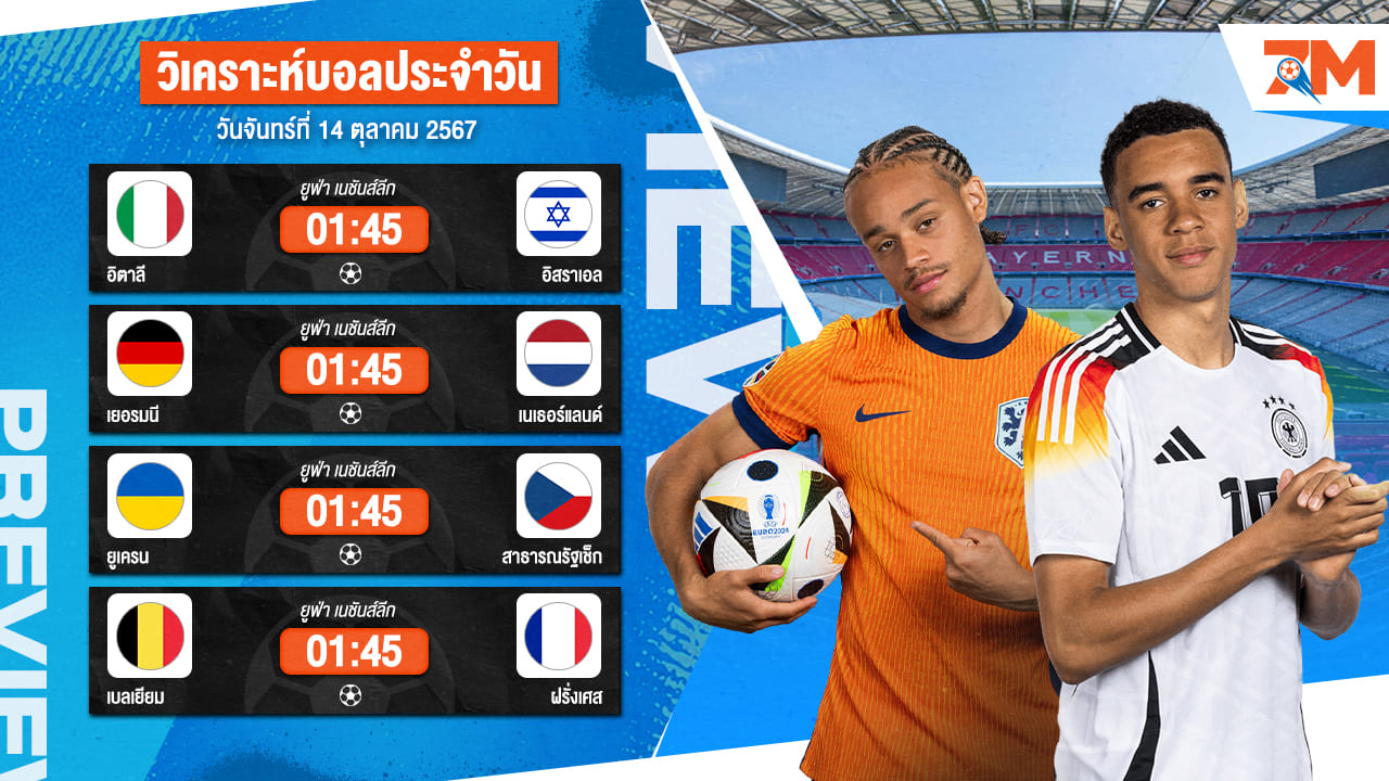 วิเคราะห์บอล เจาะลึกทุกคู่เด็ด วิเคราะห์บอลสดวันจันทร์ที่ 14 ตุลาคม 2567 | ball7m