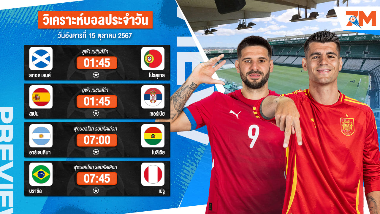 วิเคราะห์บอล เจาะลึกทุกคู่เด็ด วิเคราะห์บอลสดวันอังคารที่ 15 ตุลาคม 2567 | ball7m