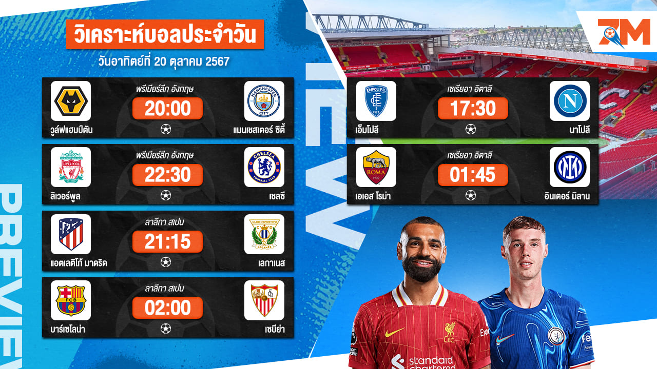 วิเคราะห์บอล เจาะลึกทุกคู่เด็ด วิเคราะห์บอลสดวันอาทิตย์ที่ 20 ตุลาคม 2567 | ball7m