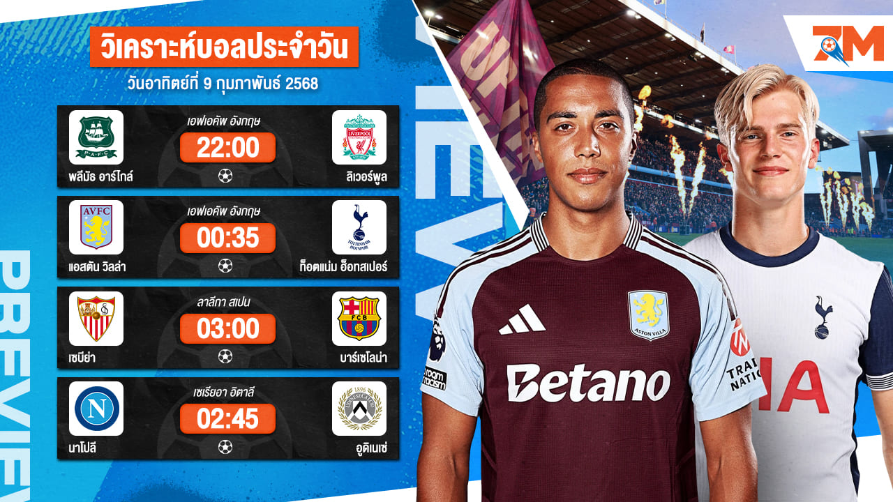 วิเคราะห์บอลวันนี้ ทีเด็ดบอล วันอาทิตย์ที่ 9 กุมภาพันธ์ 2568 By Ball7m