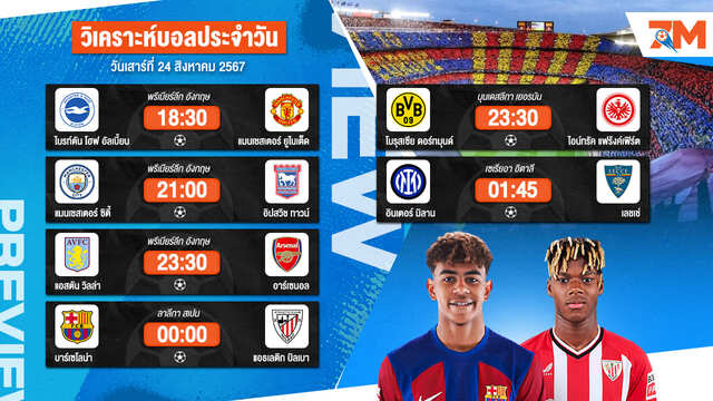 วิเคราะห์บอลวันนี้ ทีเด็ดบอล วันเสาร์ที่ 24 สิงหาคม 2567 By Ball7M