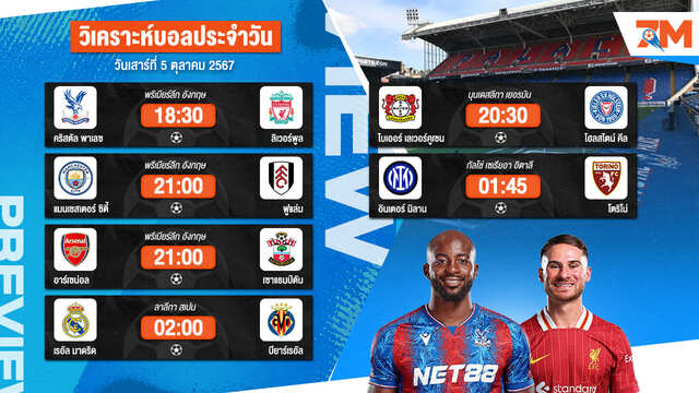 วิเคราะห์บอล เจาะลึกทุกคู่เด็ด วิเคราะห์บอลสดวันเสาร์ที่ 5 ตุลาคม 2567 | ball7m