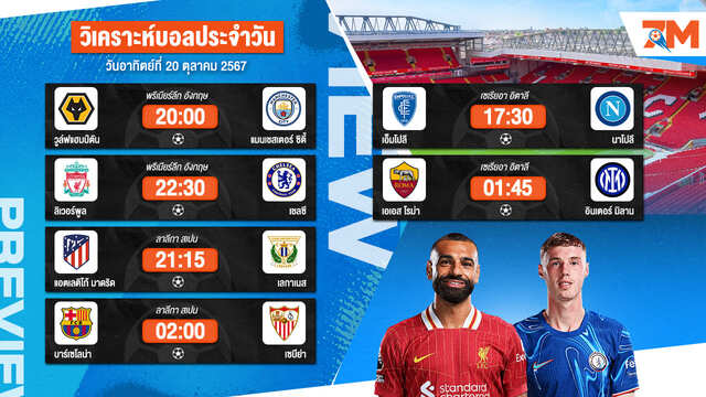 วิเคราะห์บอล เจาะลึกทุกคู่เด็ด วิเคราะห์บอลสดวันอาทิตย์ที่ 20 ตุลาคม 2567 | ball7m