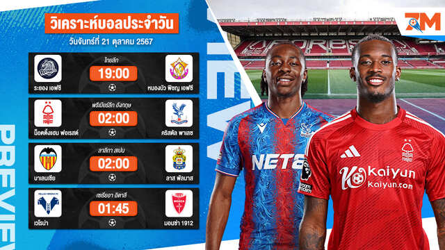 วิเคราะห์บอล เจาะลึกทุกคู่เด็ด วิเคราะห์บอลสดวันจันทร์ที่ 21 ตุลาคม 2567 | ball7m