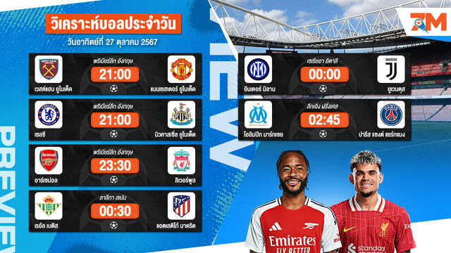 วิเคราะห์บอล เจาะลึกทุกคู่เด็ด วิเคราะห์บอลสดวันอาทิตย์ที่ 27 ตุลาคม 2567 | ball7m
