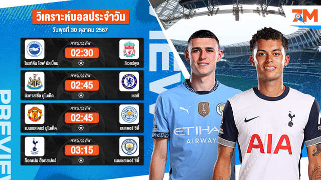 วิเคราะห์บอล เจาะลึกทุกคู่เด็ด วิเคราะห์บอลสดวันพุธที่ 30 ตุลาคม 2567 | ball7m