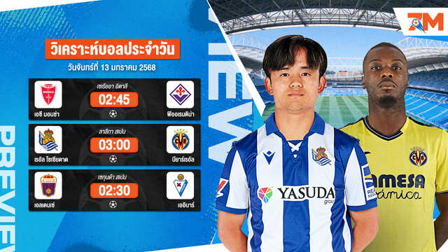 วิเคราะห์บอลวันนี้ ทีเด็ดบอล วันจันทร์ที่ 13 มกราคม 2568 By Ball7m